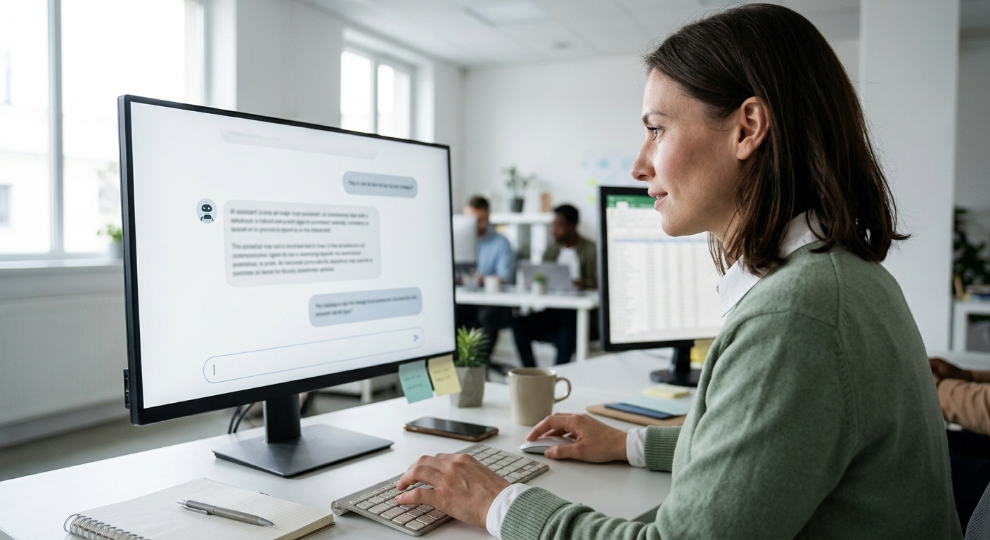 Office worker chatting with an AI assistant on a desktop monitor